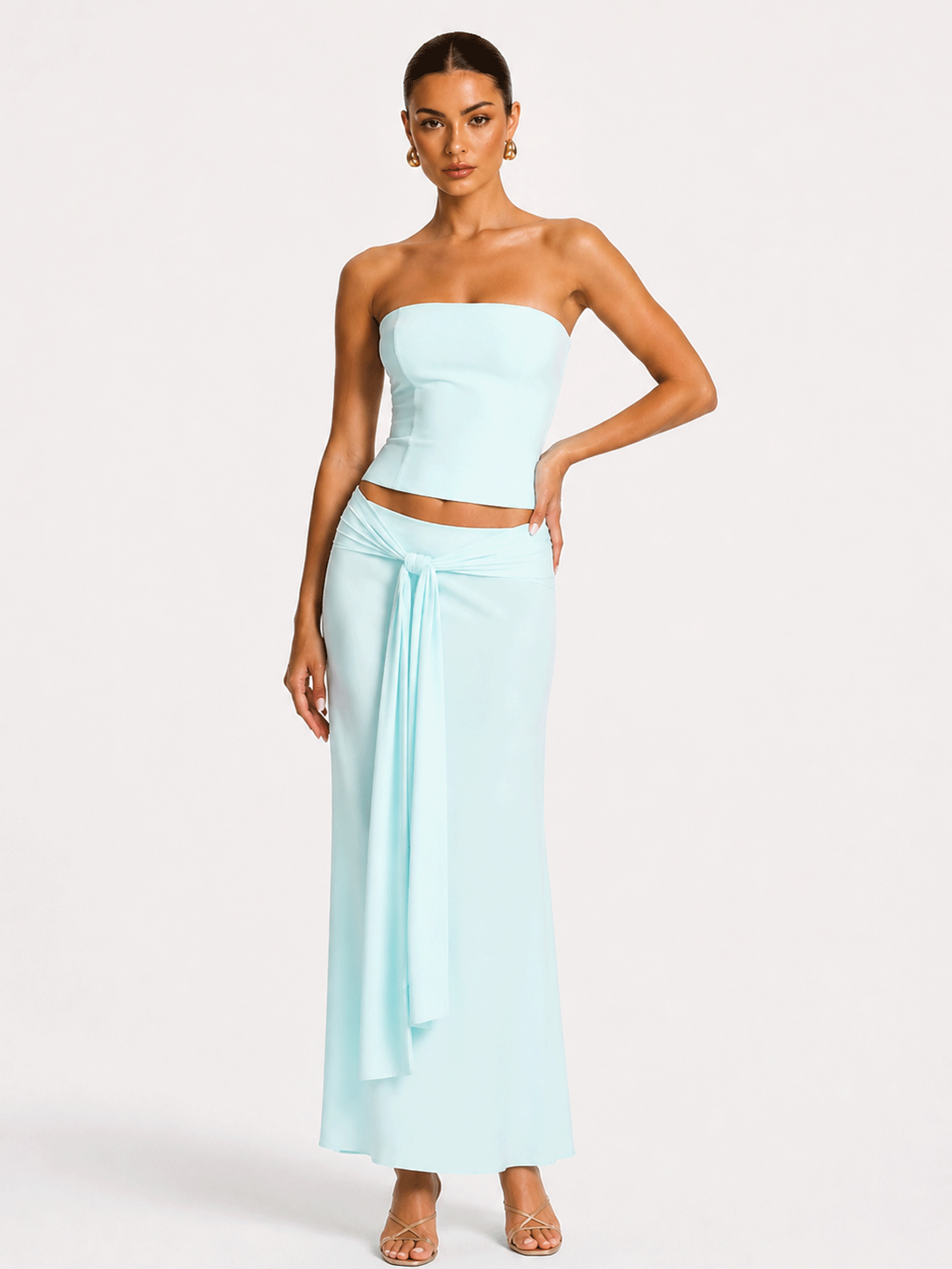 Satin Strapless Bodycon Two-piece Midi Skirt Set