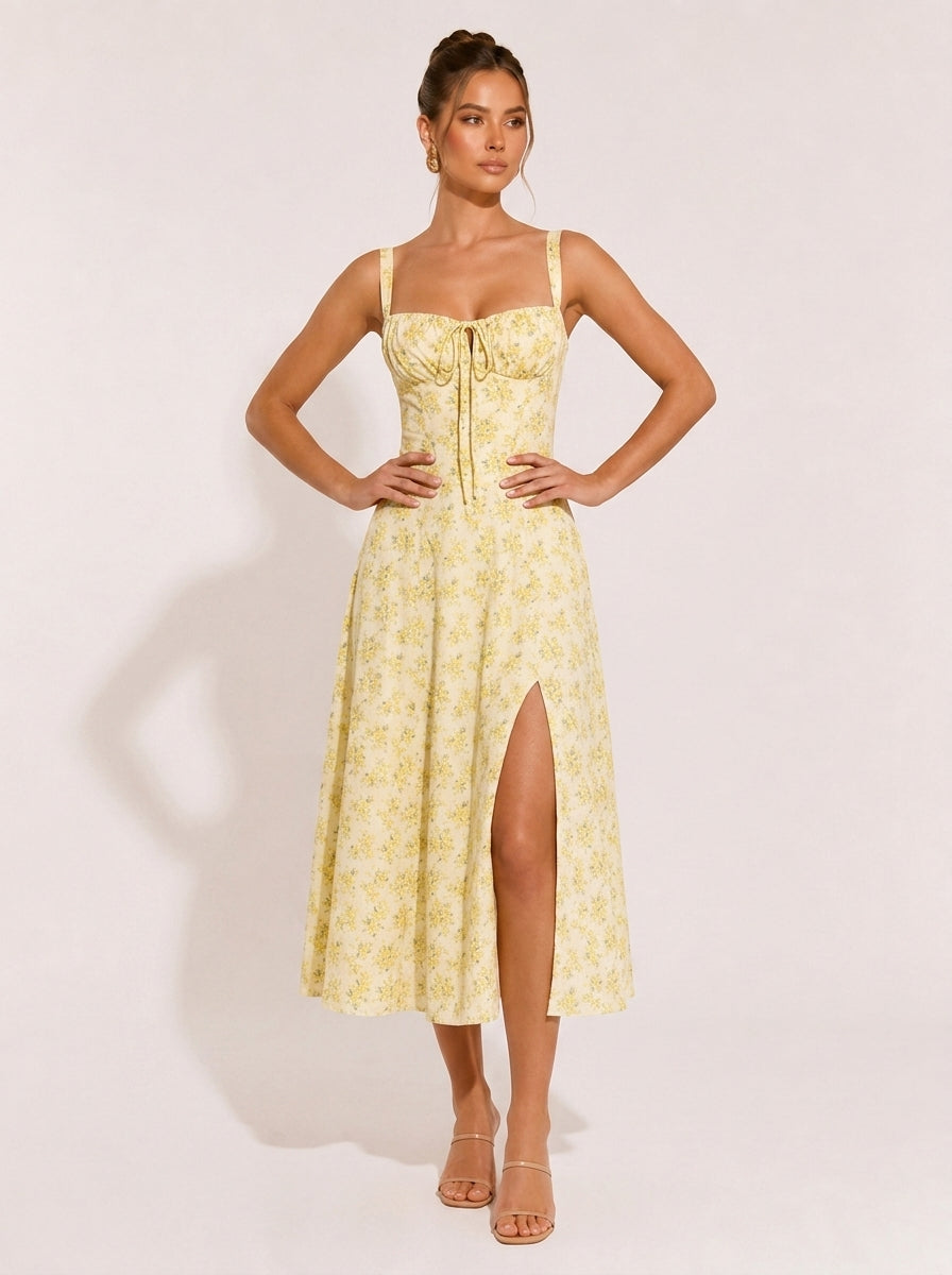 Olivia Midi-Kleid mit Raffung und eckigem Ausschnitt