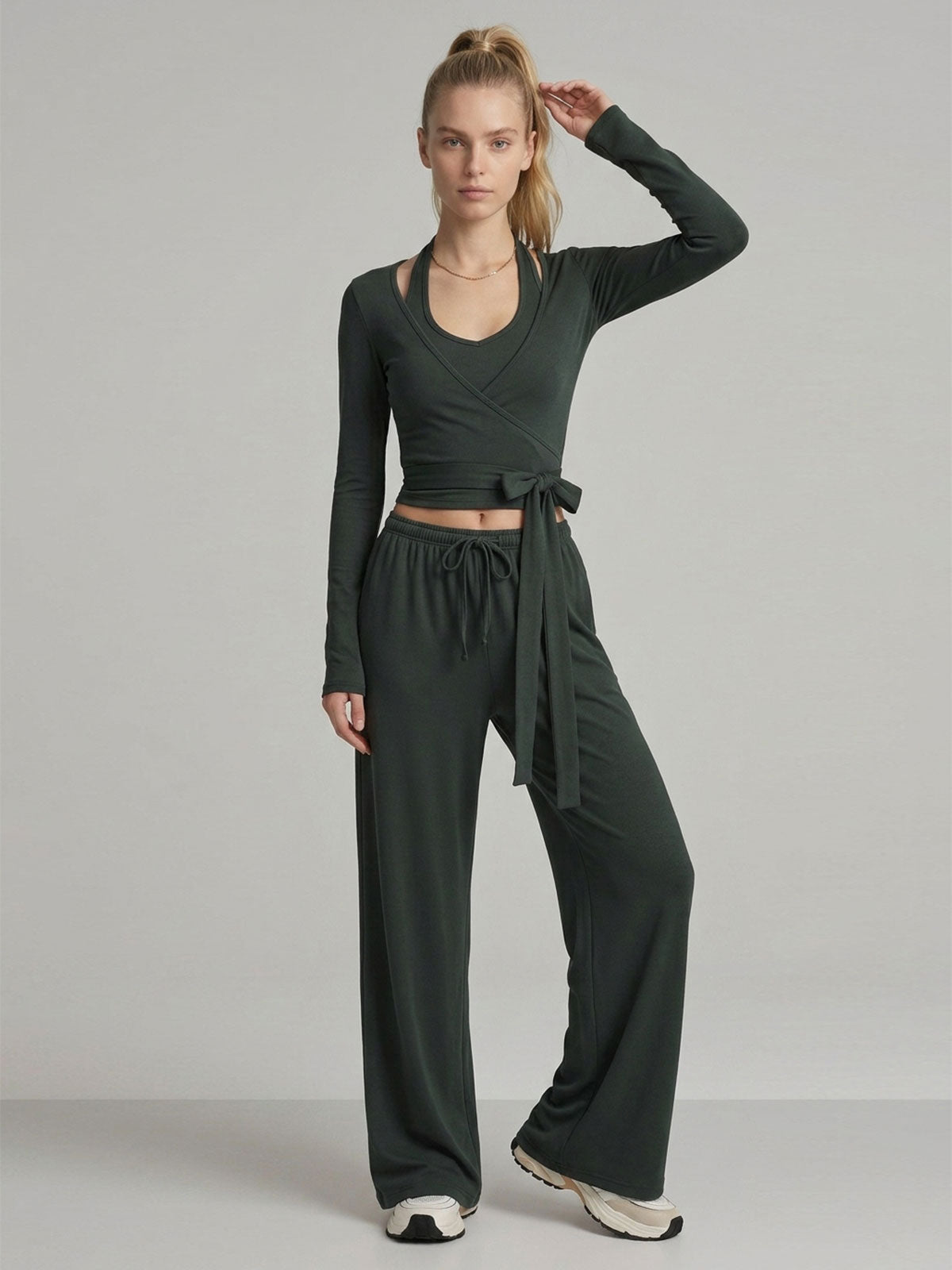 Ballet-Inspired Wrap Top & Wide-Leg Pants Set