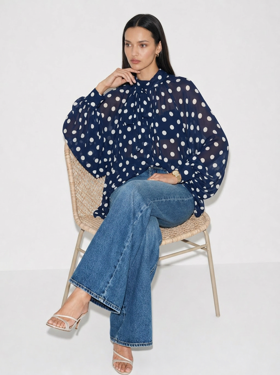 Camille Polka-Dot Oberteil mit Bindekragen