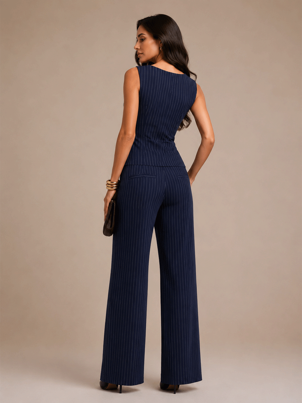 Navy blue pinstriped sleeveless wrap wide-leg pants Set