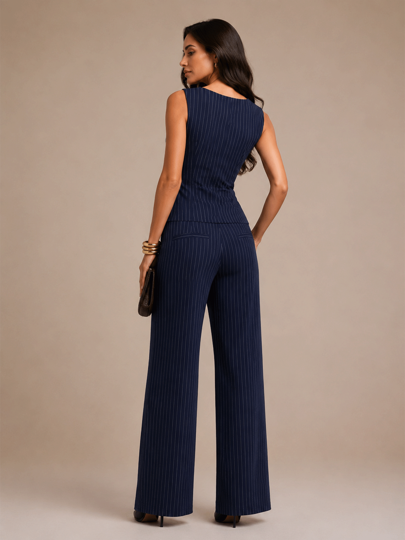 Navy blue pinstriped sleeveless wrap wide-leg pants Set