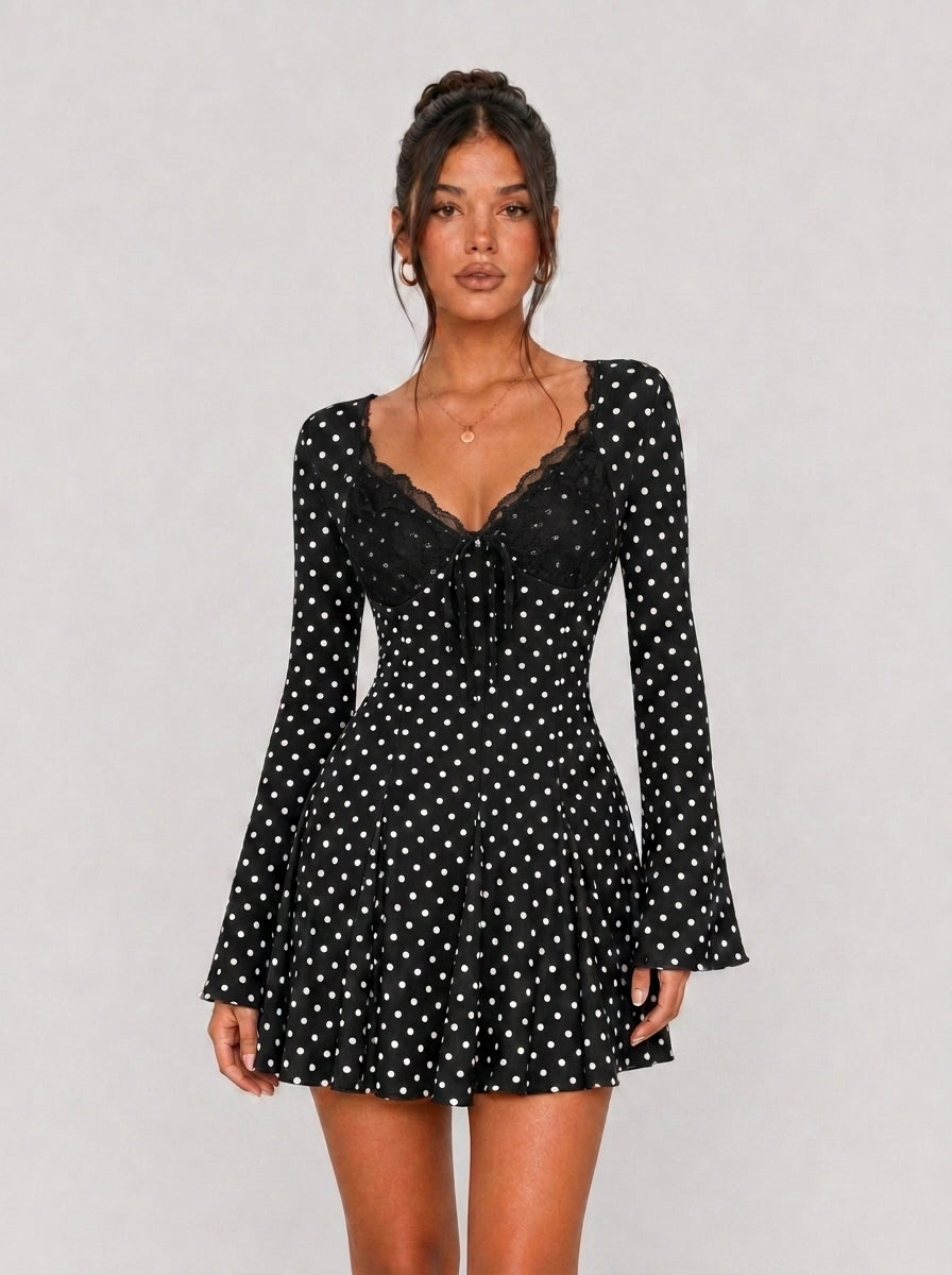 Zephrina Brielle lace-trim polka dot mini dress in black