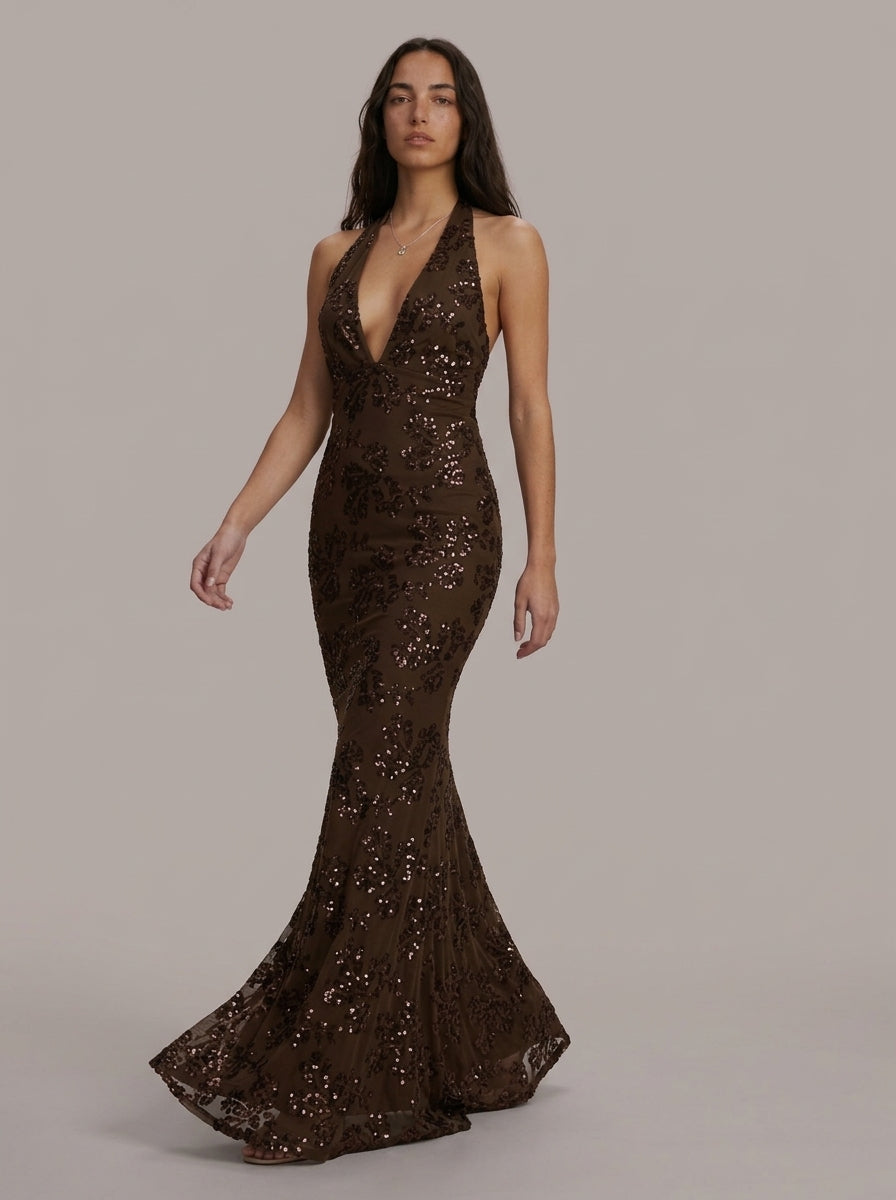 Zephrina Maelys plunging sequin maxi dress in coffee