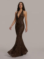 Zephrina Maelys plunging sequin maxi dress in coffee