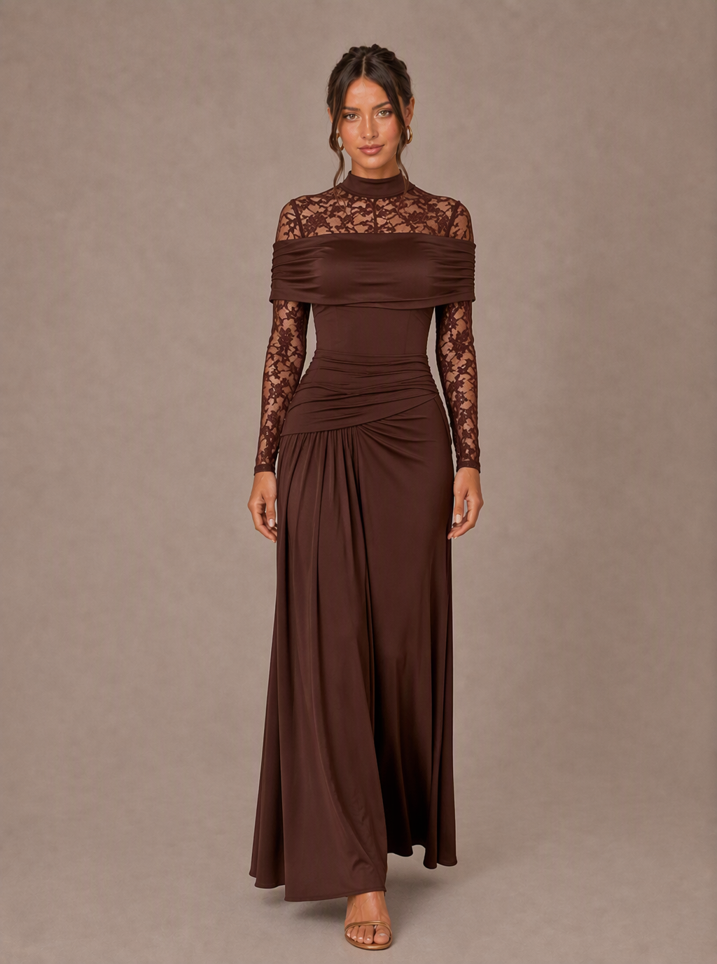 Zephrina Sophronia lace-yoke draped maxi dress in brown