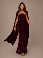 Zephrina Yseult embellished cape velvet maxi dress in burgundy
