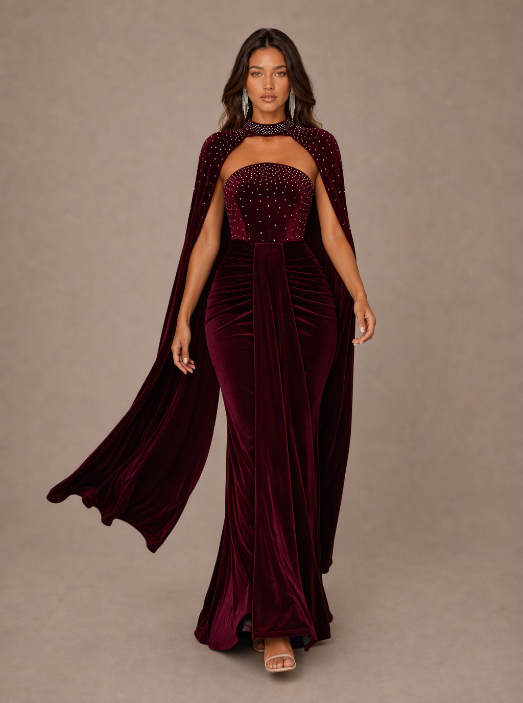 Zephrina Yseult embellished cape velvet maxi dress in burgundy