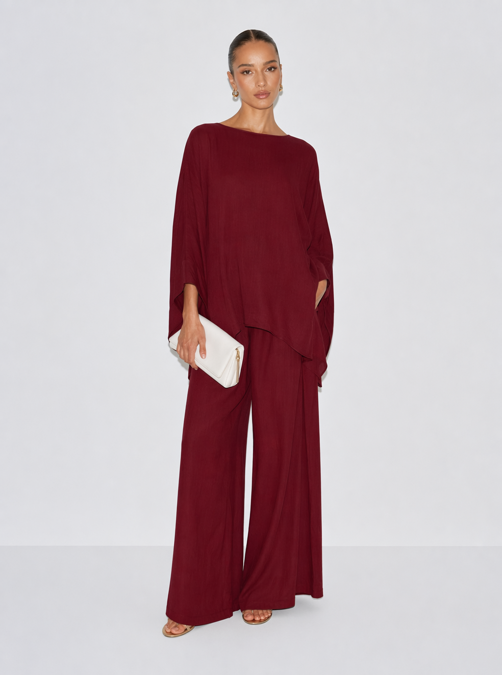 Zephrina Mira linen-look pant set in burgundy
