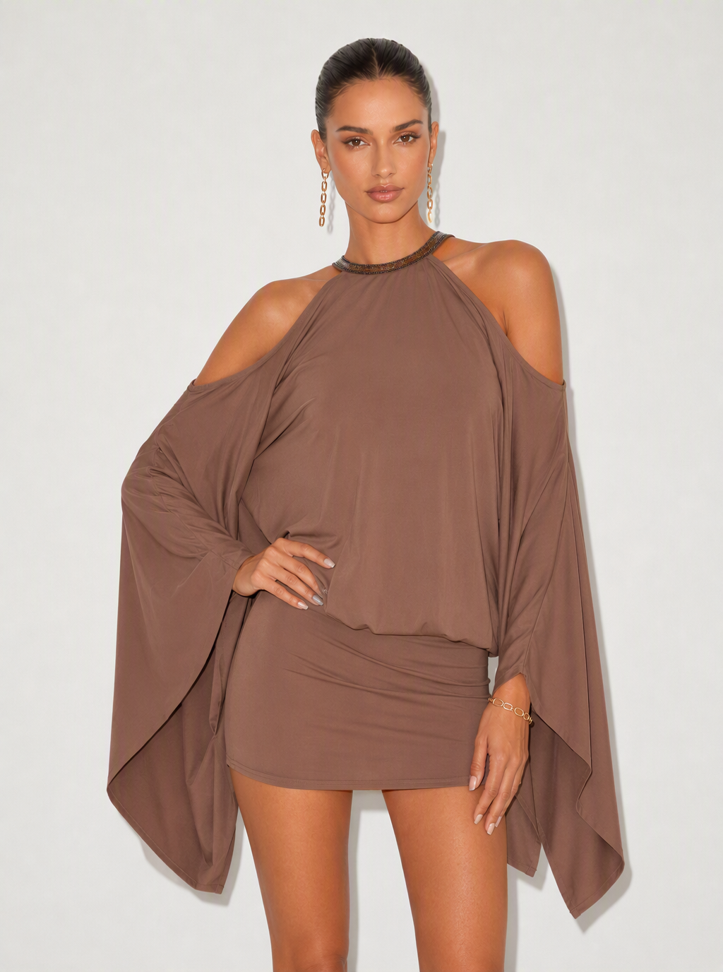 Zephrina butterfly sequin mini dress in coffee