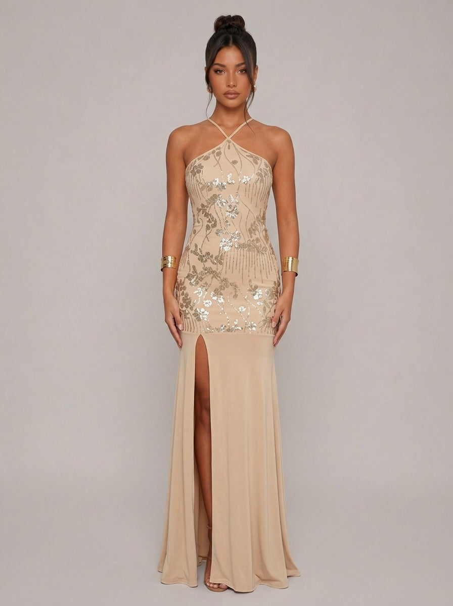 Zephrina Solara sequin halter maxi dress in coffee