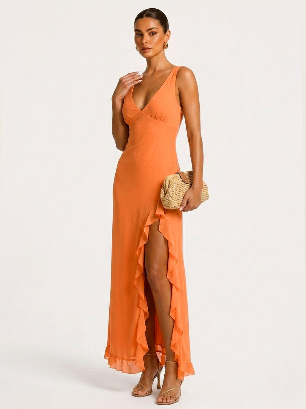 Zephrina Ruffle Slit Midi Dress Deep V Backless Evening Long Gown