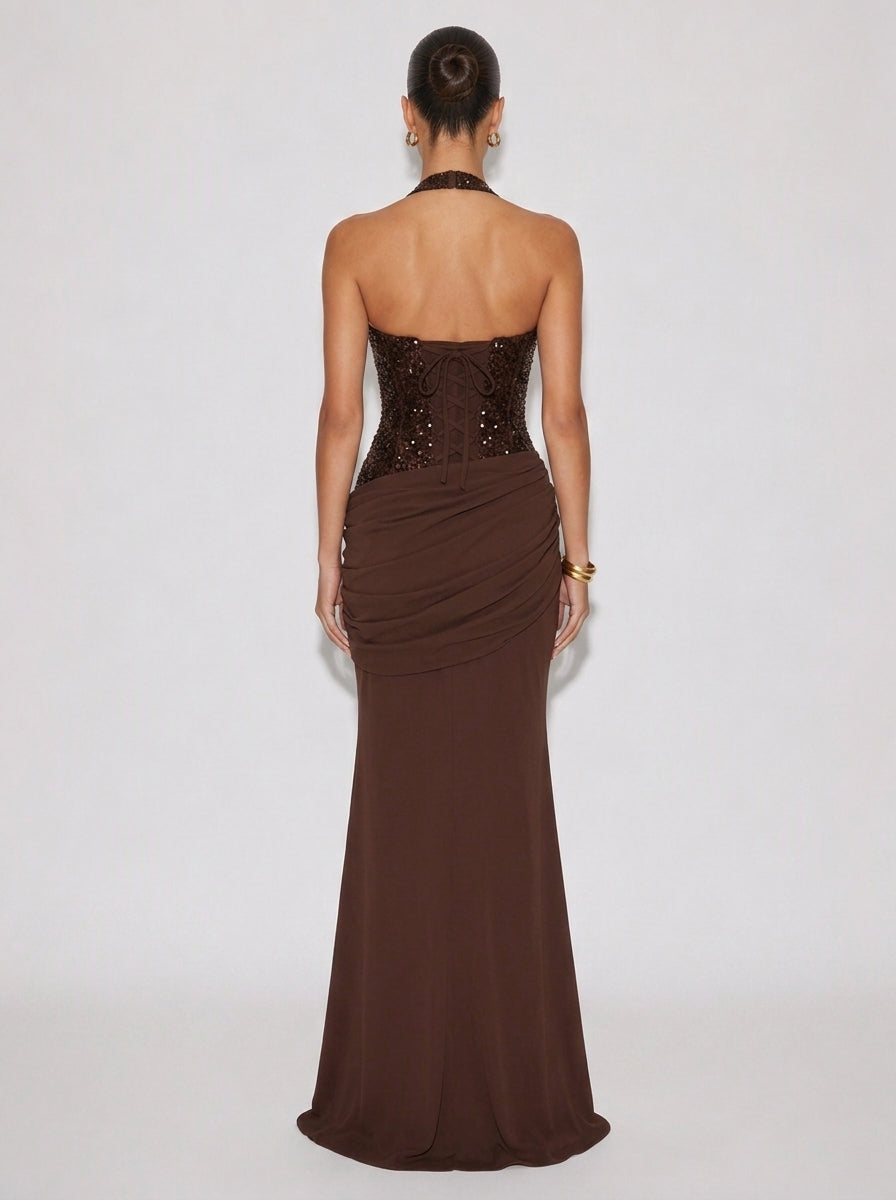 Zephrina Vesper sequin halter maxi dress in dark brown