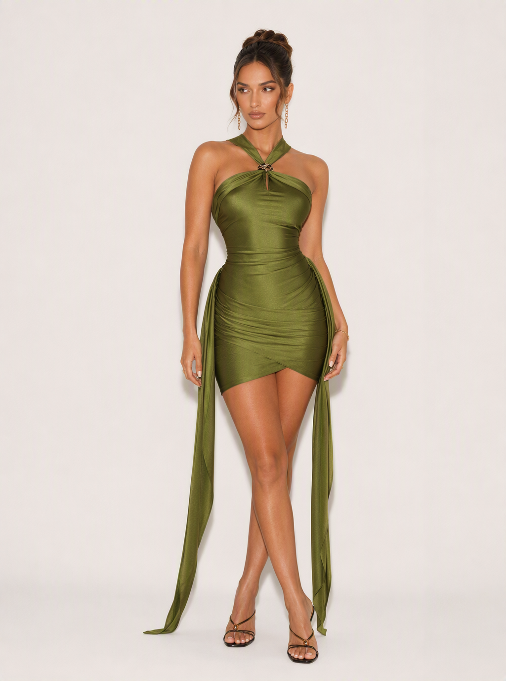 Zephrina Maristella halter drape mini dress in green