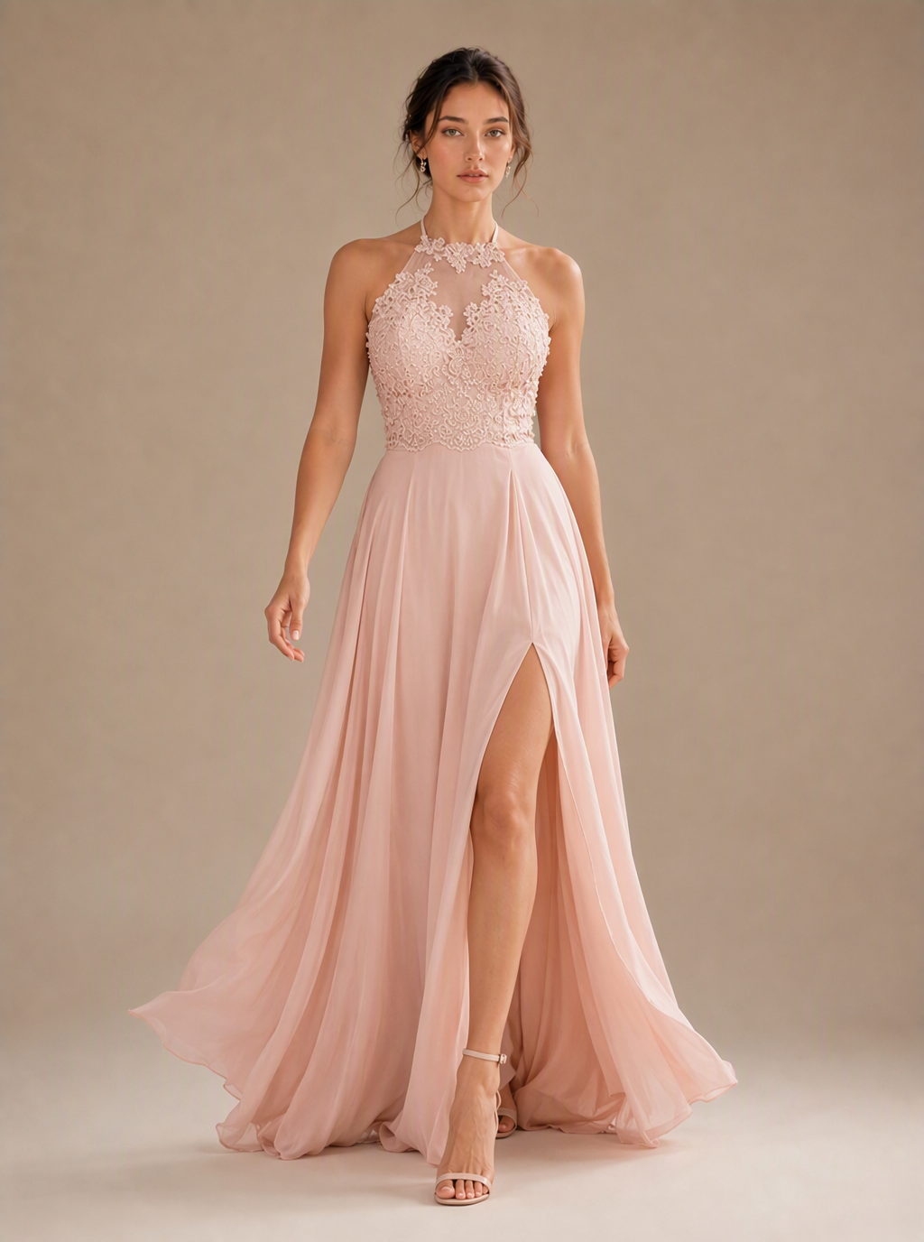 Zephrina Anastasie lace-halter chiffon slit maxi dress in black