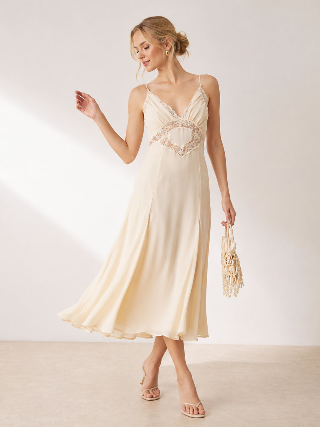 Apricot Heart Lace Cutout Slip Midi Dress