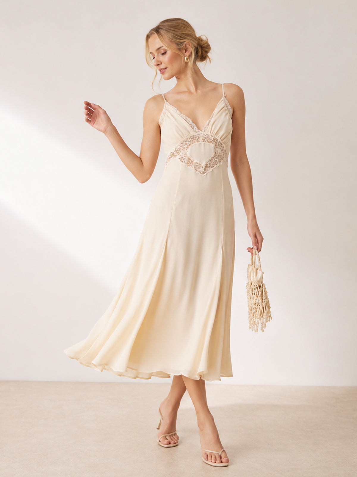 Apricot Heart Lace Cutout Slip Midi Dress