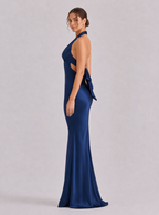 Zephrina Amandine cross-halter satin maxi dress in navy