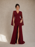 Zephrina Serafine cape-sleeve lace slit maxi dress in burgundy