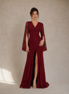 Zephrina Serafine cape-sleeve lace slit maxi dress in burgundy
