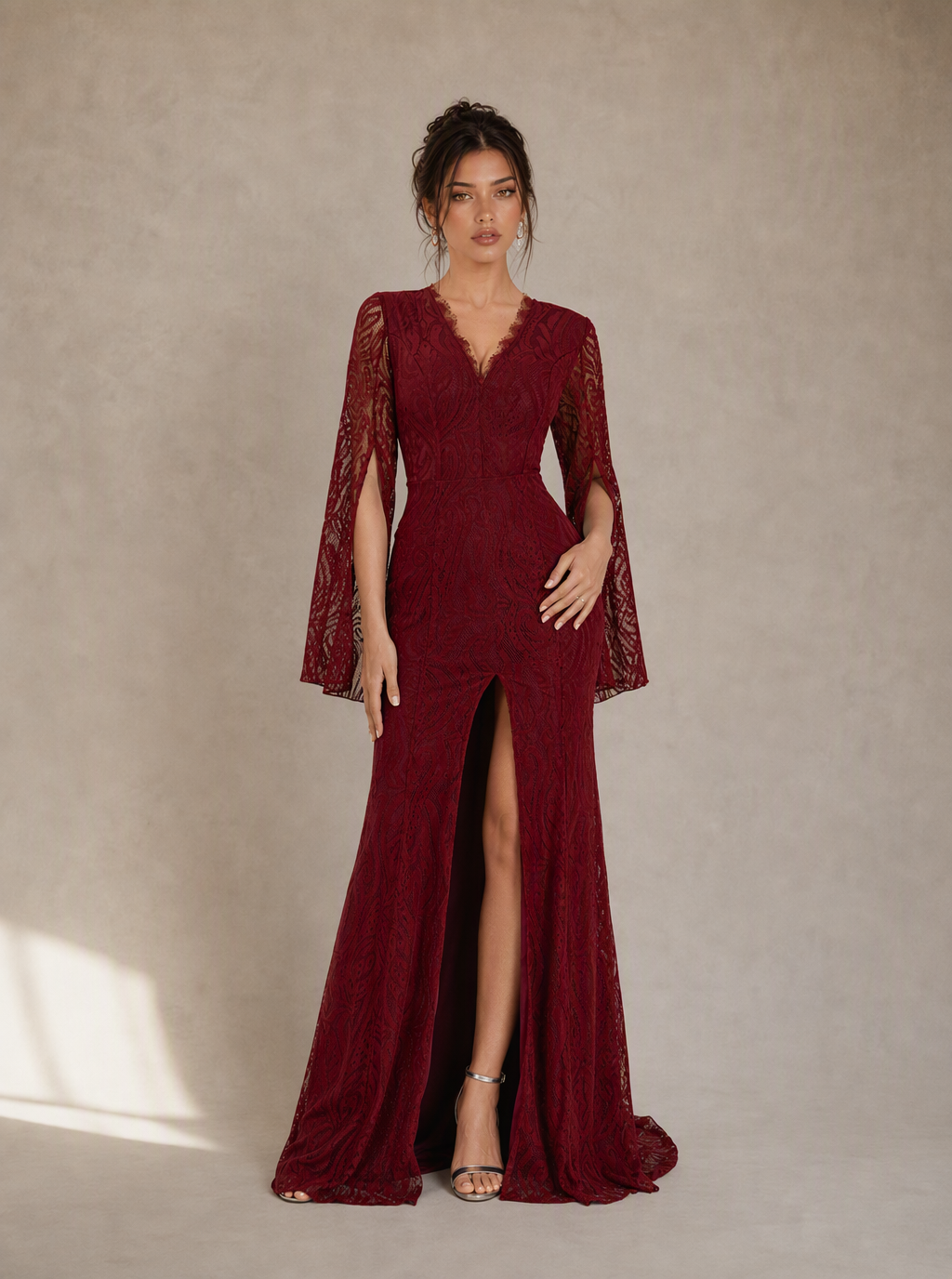 Zephrina Serafine cape-sleeve lace slit maxi dress in burgundy