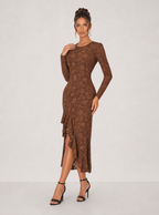 Zephrina Serilda lace jacquard midi dress in brown