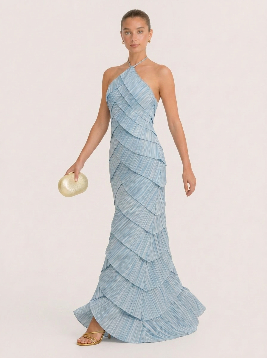 Light Blue Pleated Halter Maxi Gown