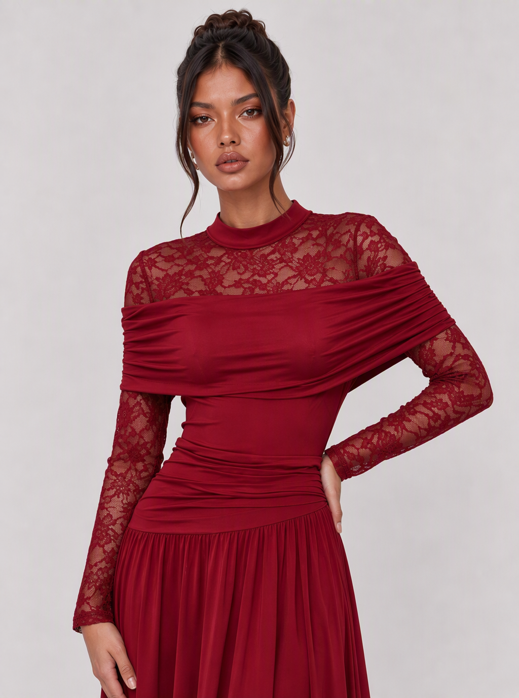 Zephrina Eulalia lace-sleeve draped maxi dress in red