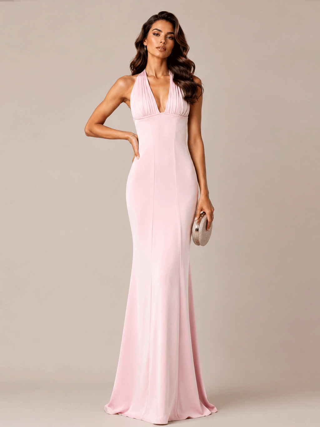 Halter V Neck Satin Gown