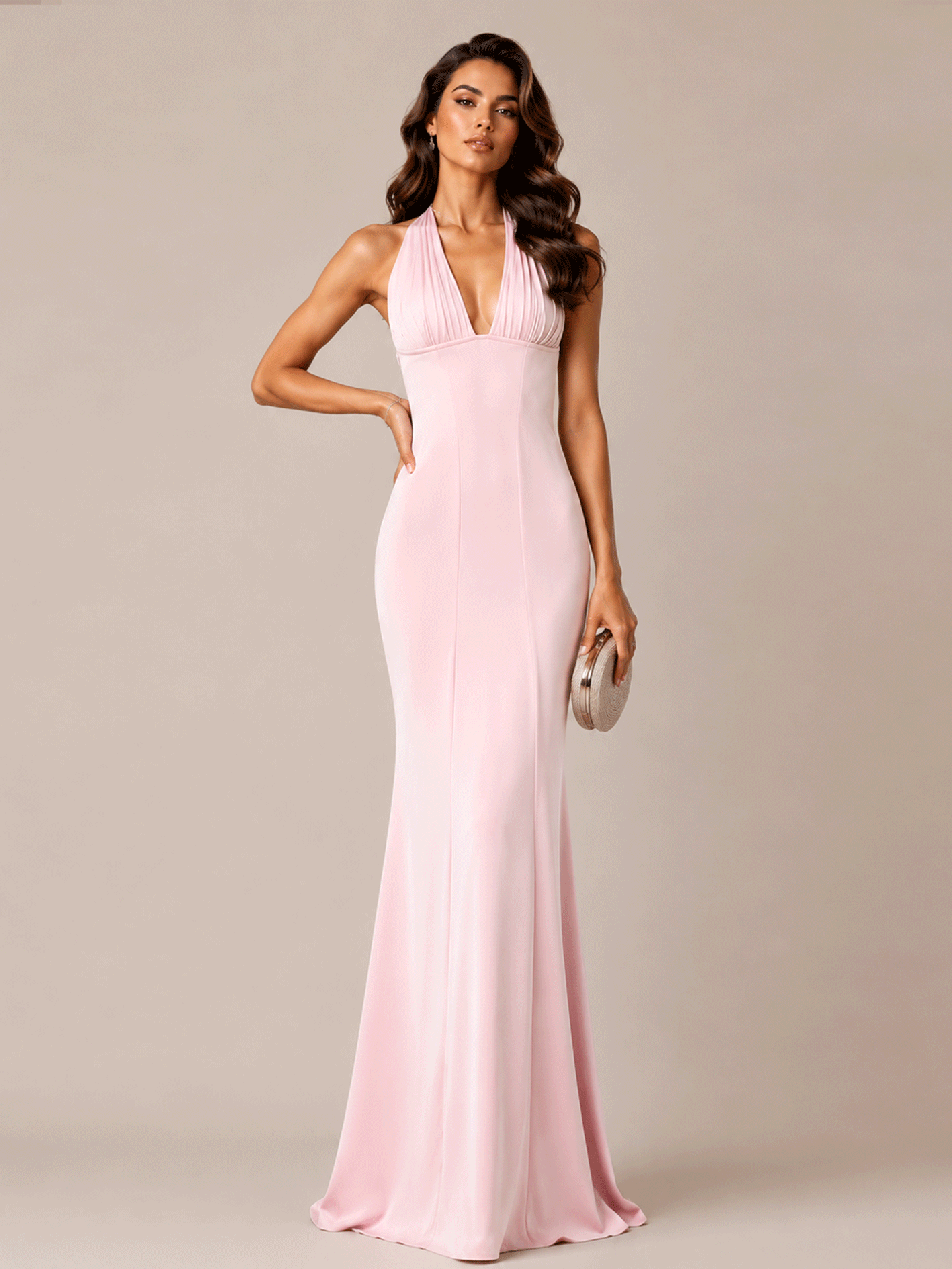Halter V Neck Satin Gown