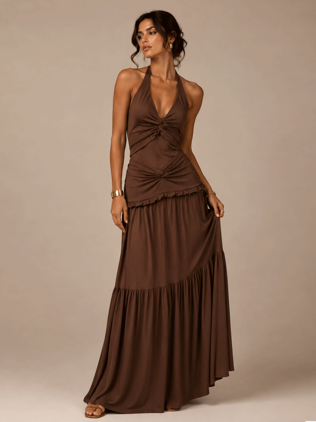 Draped Halter Open Back Maxi Dress