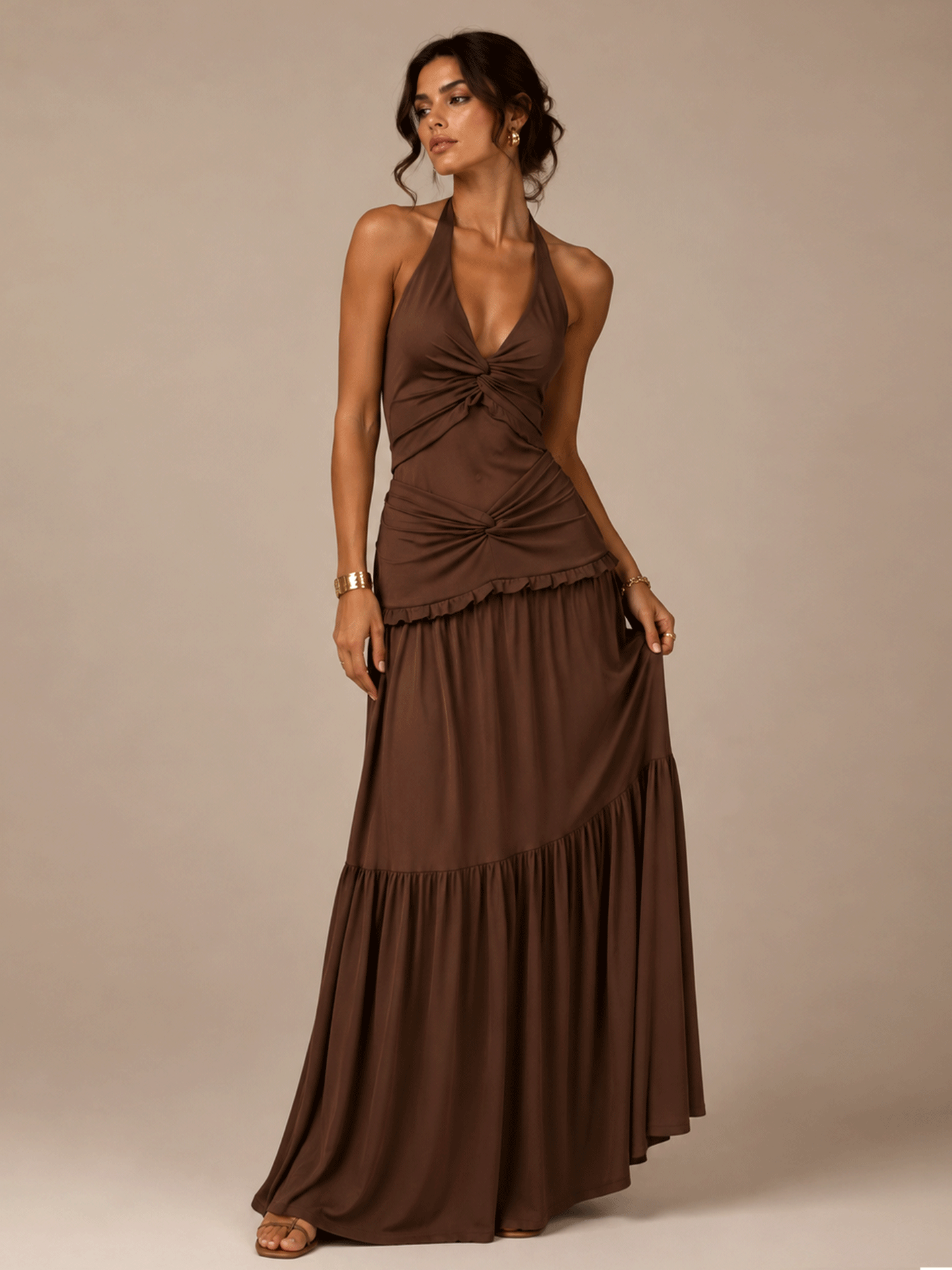 Draped Halter Open Back Maxi Dress