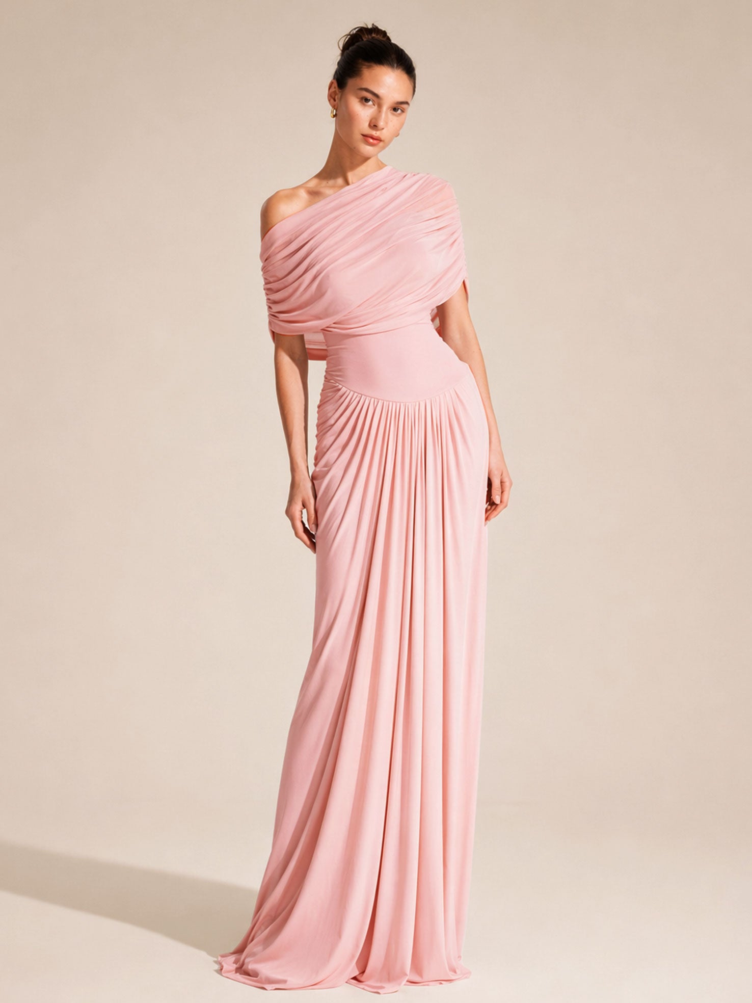 Elegant Draped Shoulder Ruched Maxi Dress