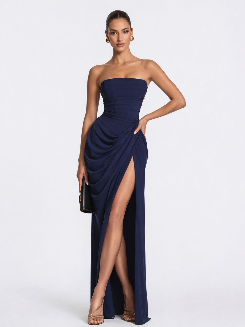 Strapless Ruched High-Slit Evening Gown