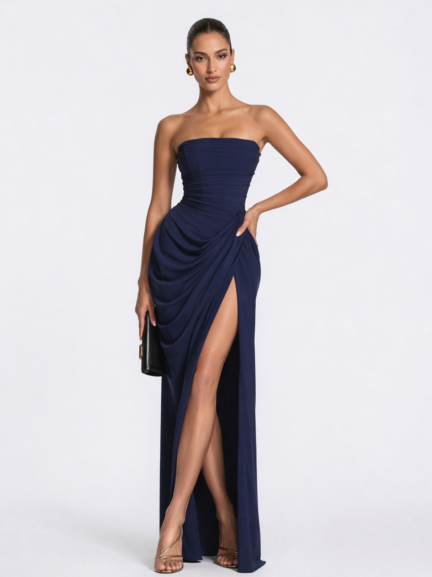 Strapless Ruched High-Slit Evening Gown