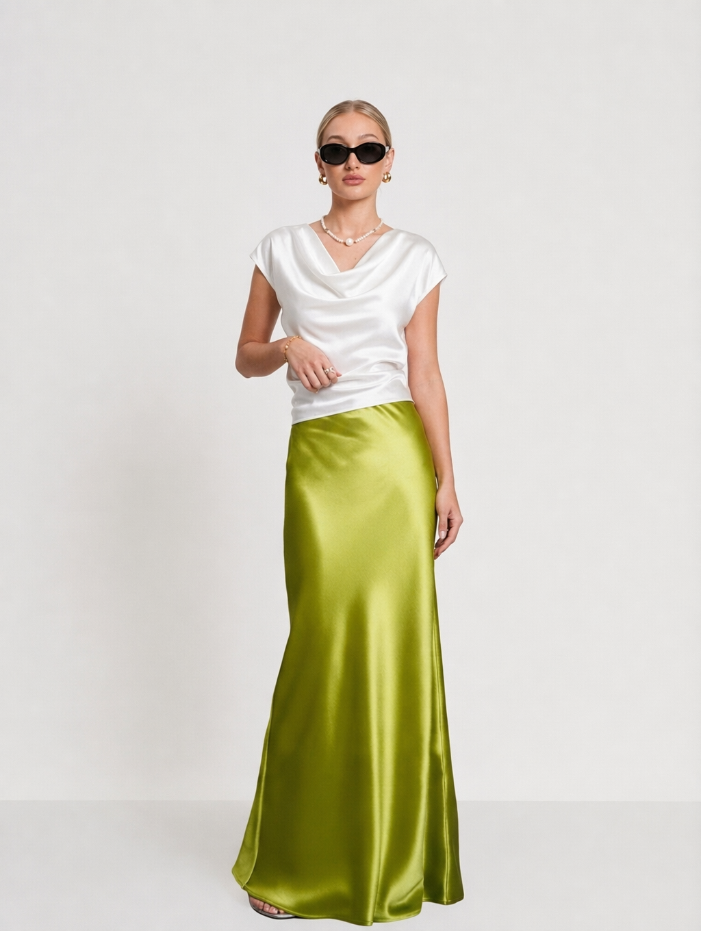 Elegant Acetate Satin Cowl Neck Top + Maxi Skirt Set
