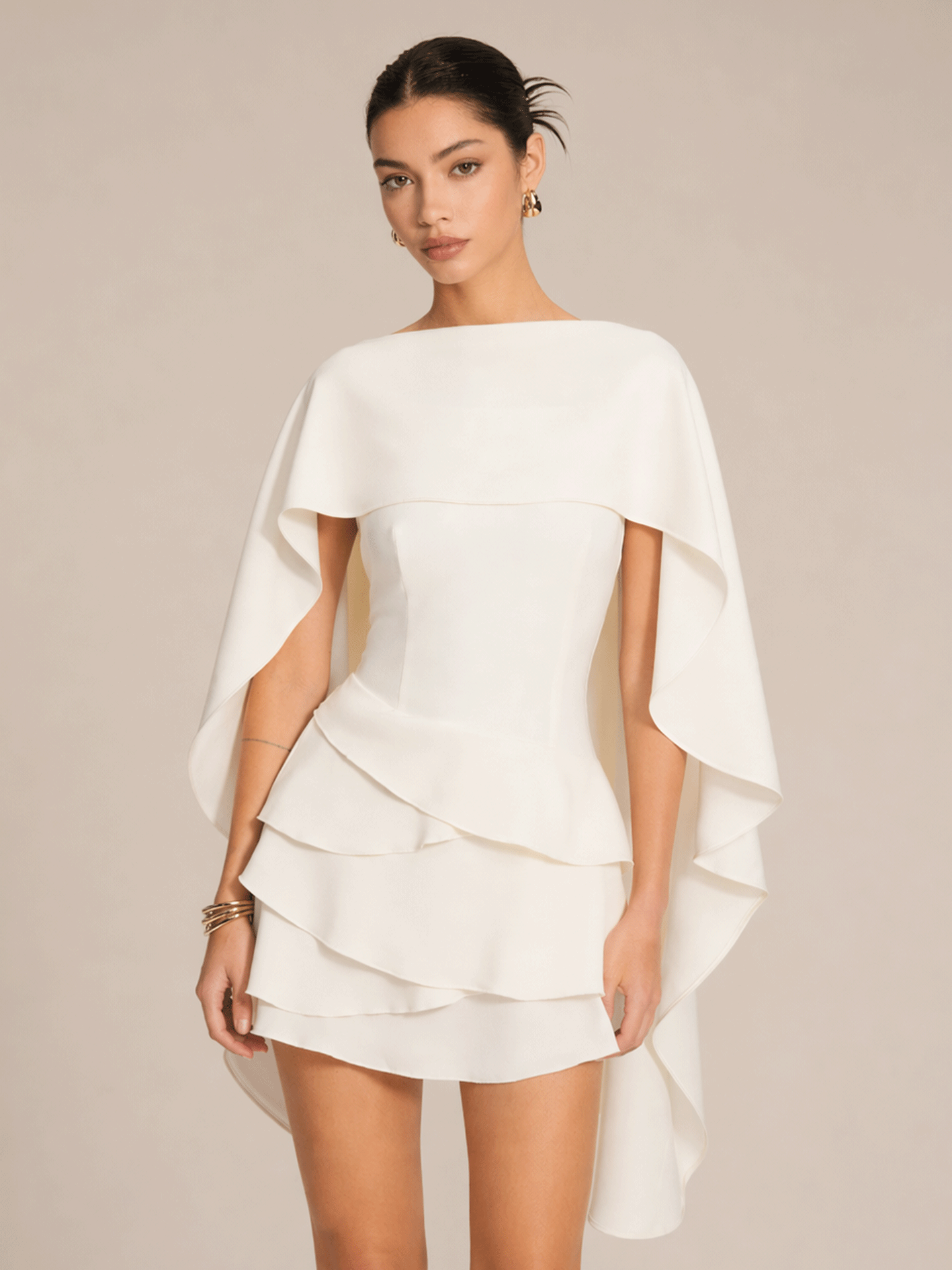 White Satin Ruffled Mini Dress with Shawl Panel Detail