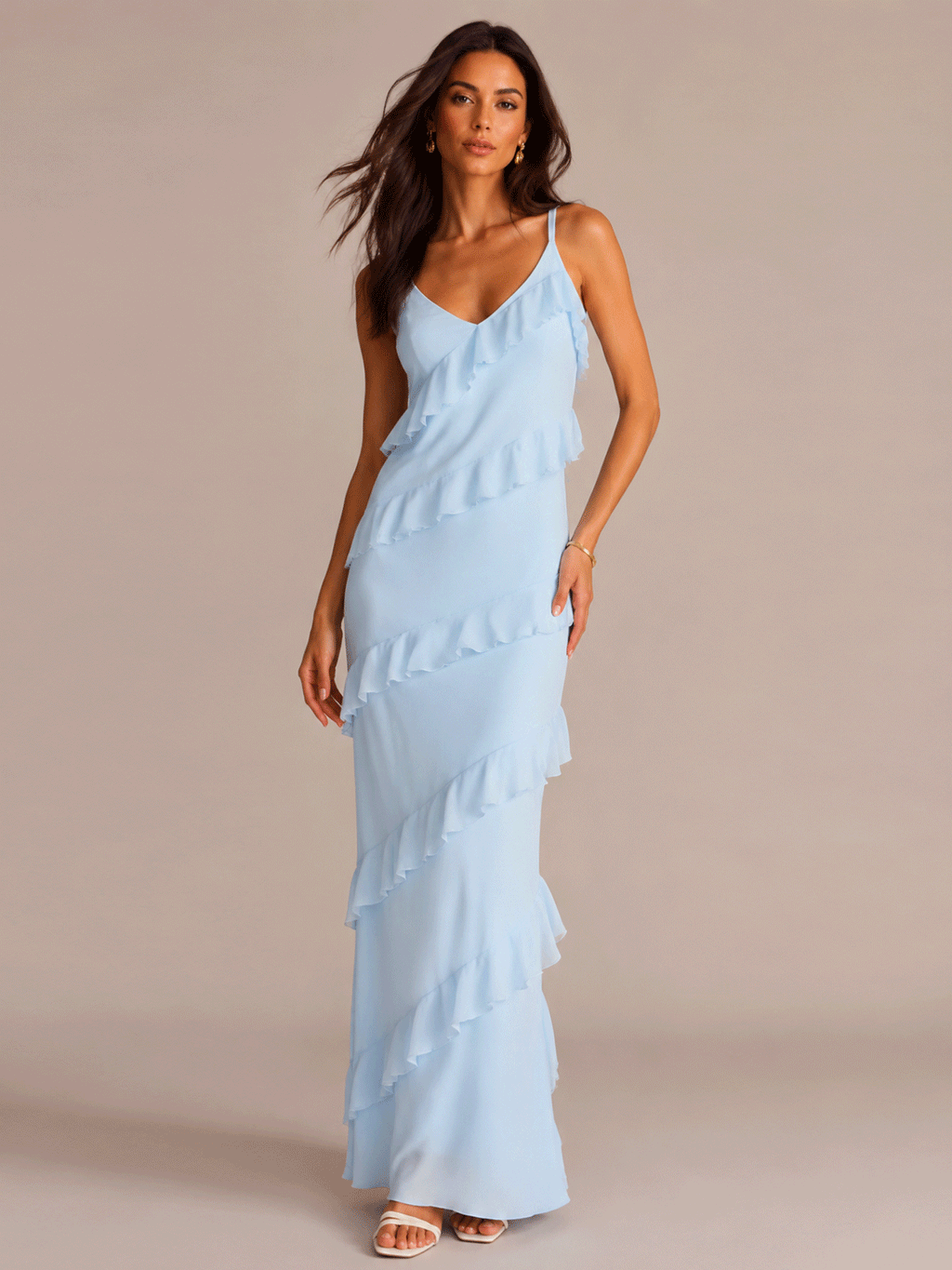Spaghetti-Strap V-Neck Ruffled Maxi Dress