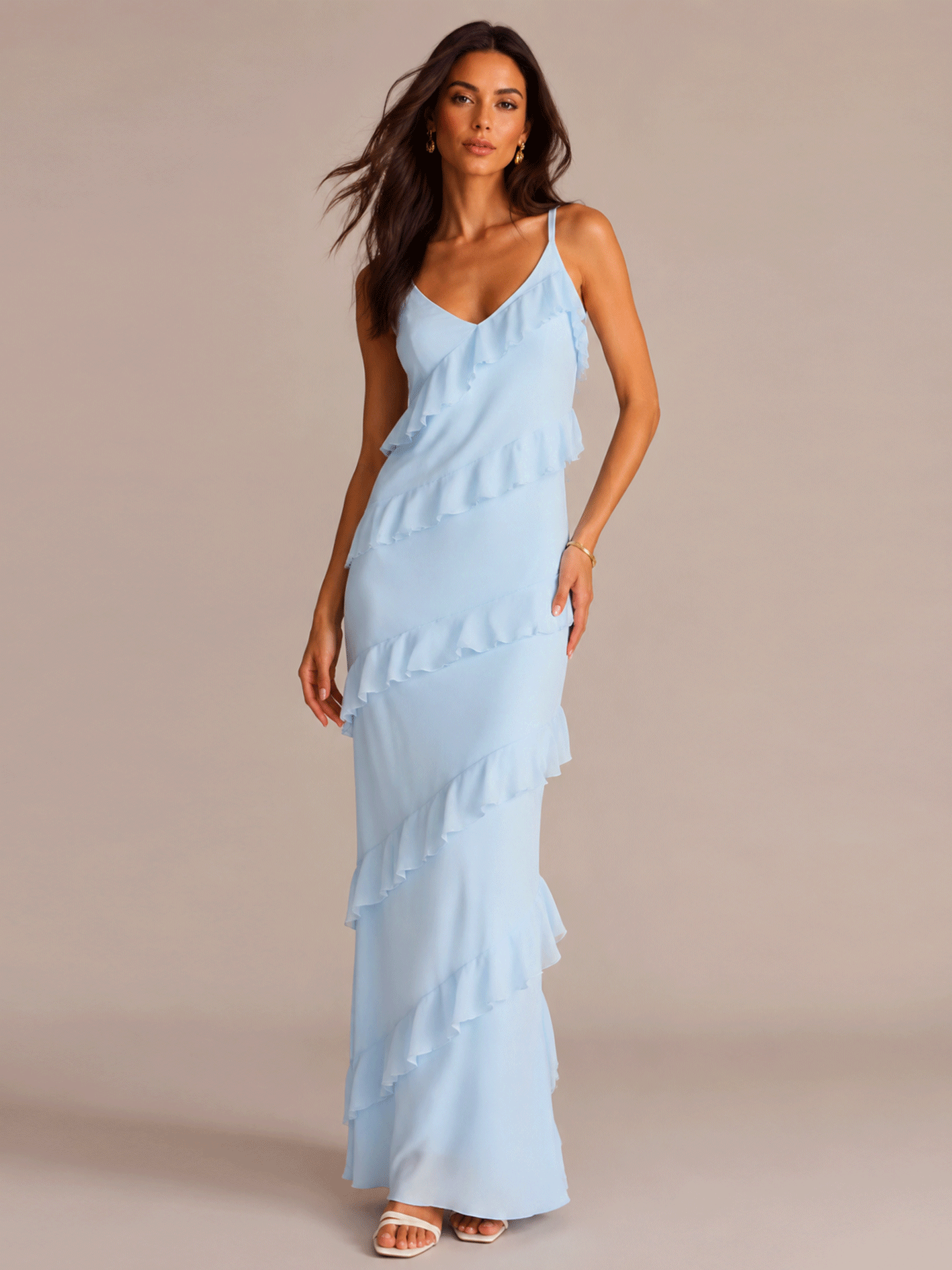 Spaghetti-Strap V-Neck Ruffled Maxi Dress
