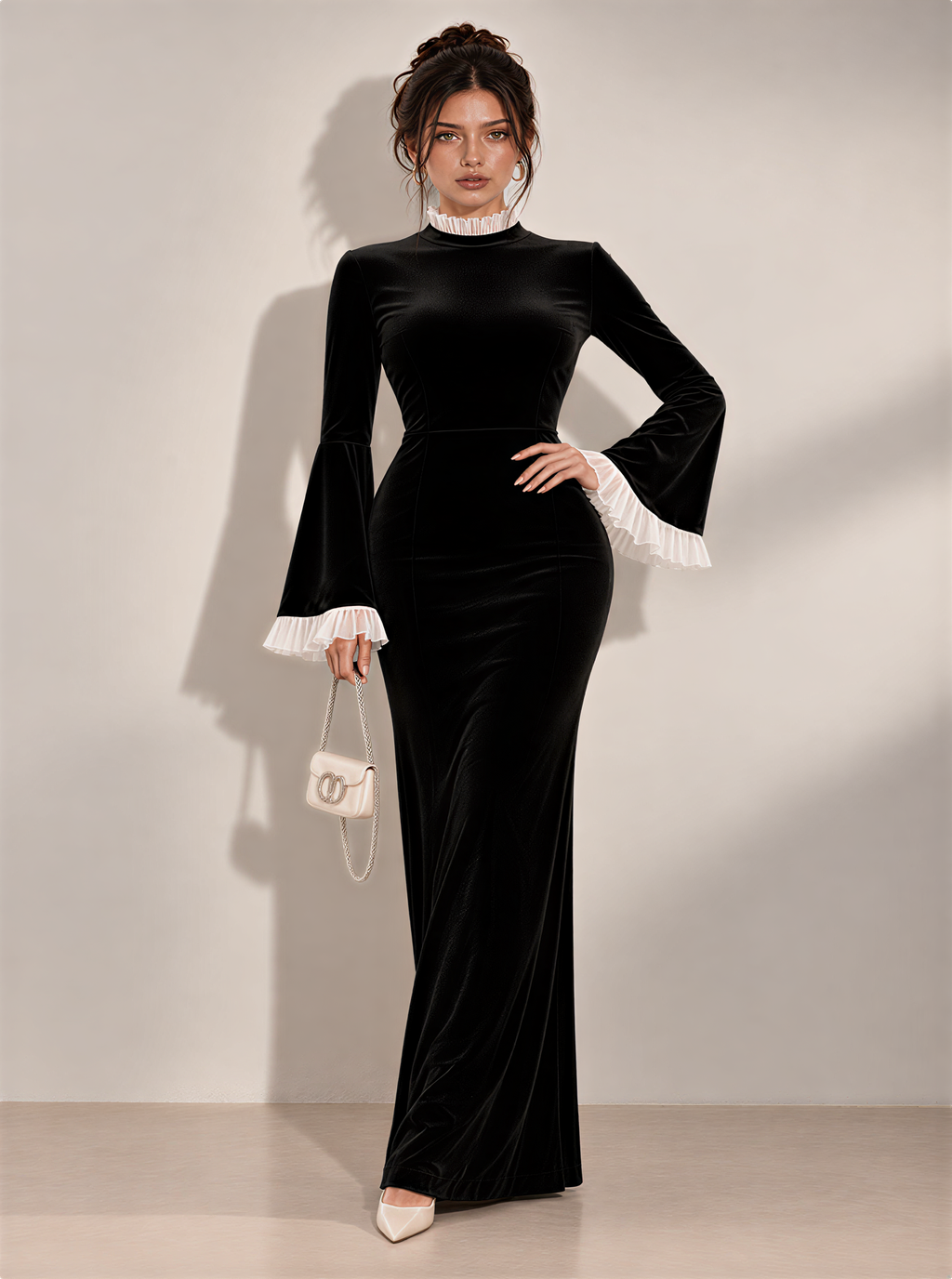 Marcellina Contrast-Cuff Velvet Maxi Dress