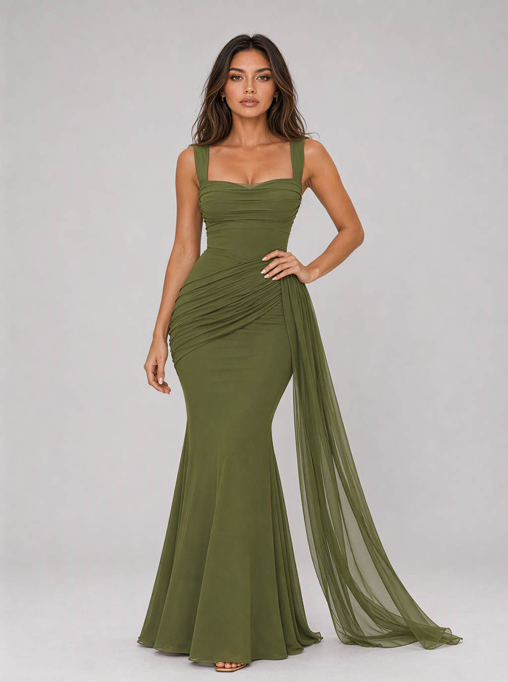 Maureen Ruched Mesh-Drape Maxi Dress
