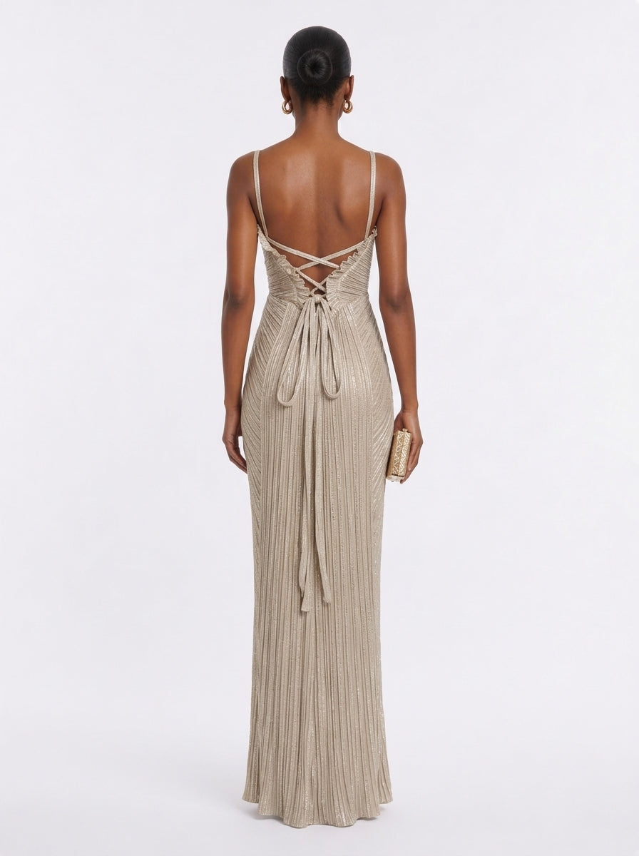 Petronella Pleated Gold Maxi Dress