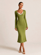 Giselle Meerjungfrauen-Midikleid mit langen Ärmeln und Spitzenbesatz