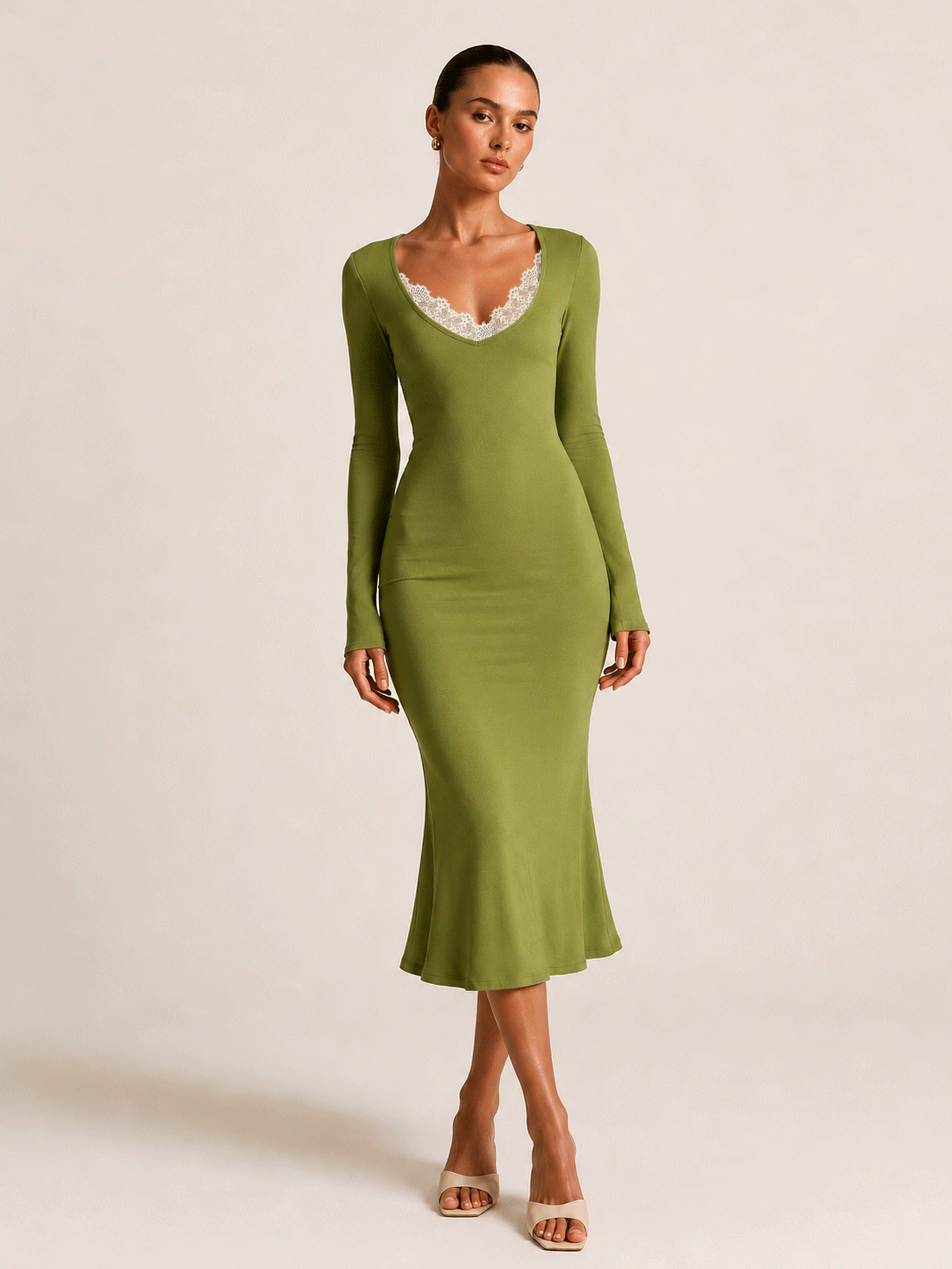 Lace Trim V Neck Long Sleeve Dress