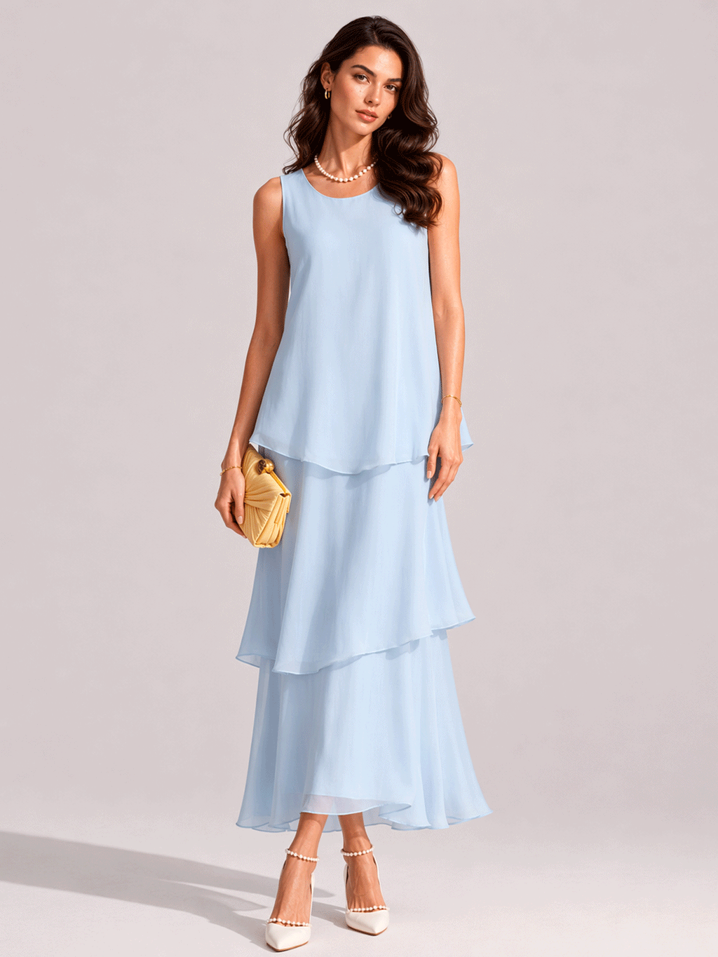 Elegant and flowing multi-layered sleeveless dress
