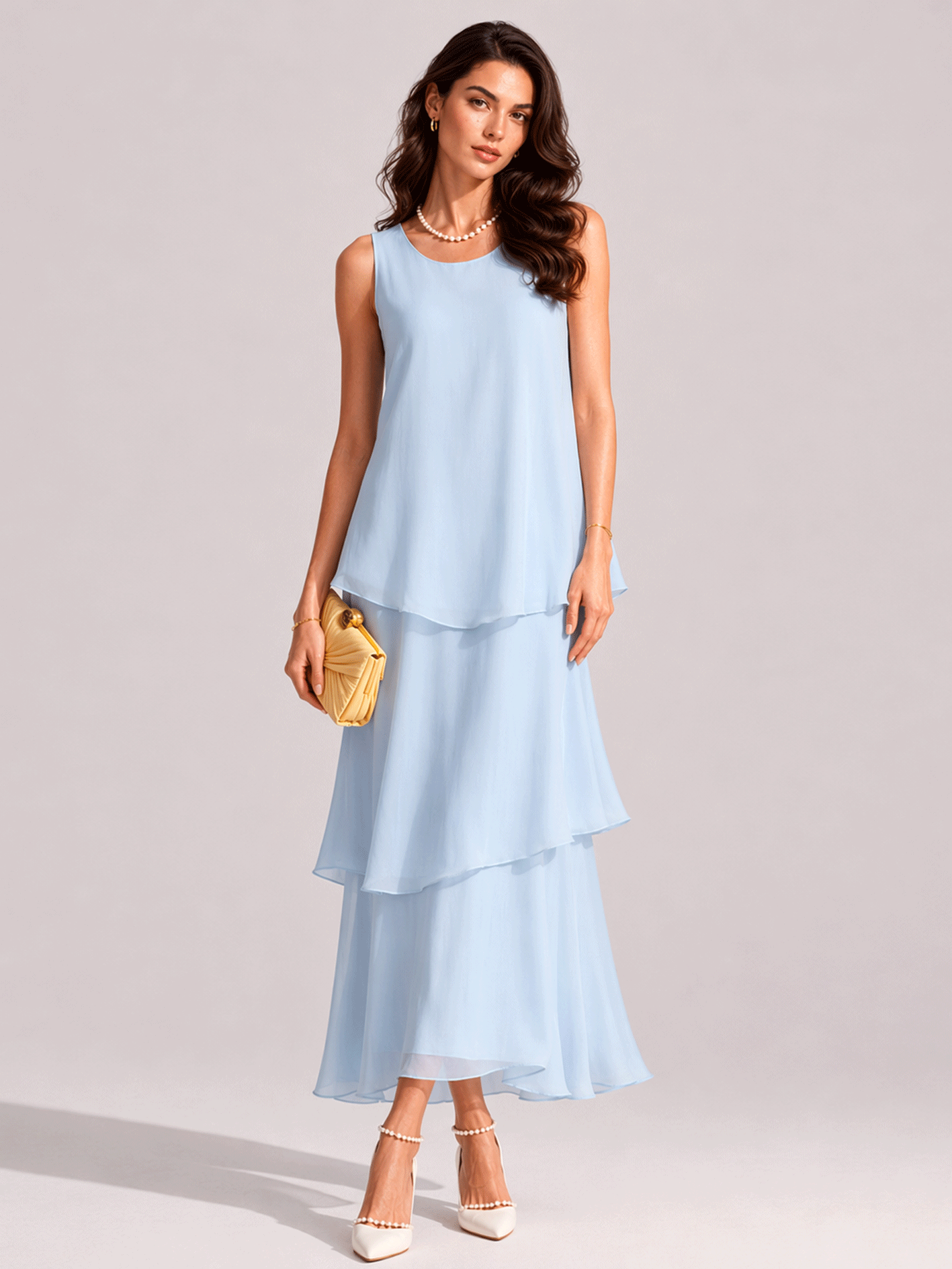 Elegant and flowing multi-layered sleeveless dress