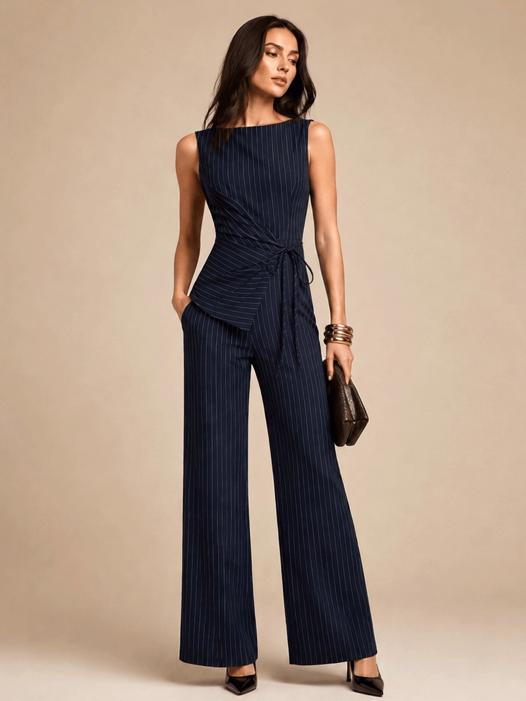 Navy blue pinstriped sleeveless wrap wide-leg pants Set