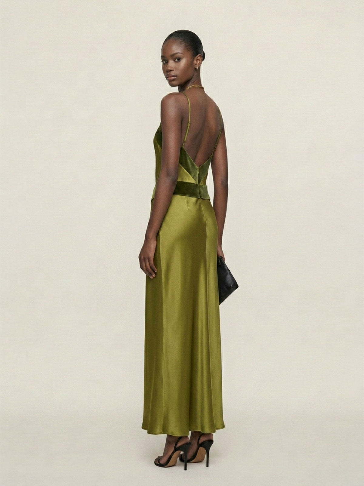 Contrast-Trim Satin Halter Maxi Dress