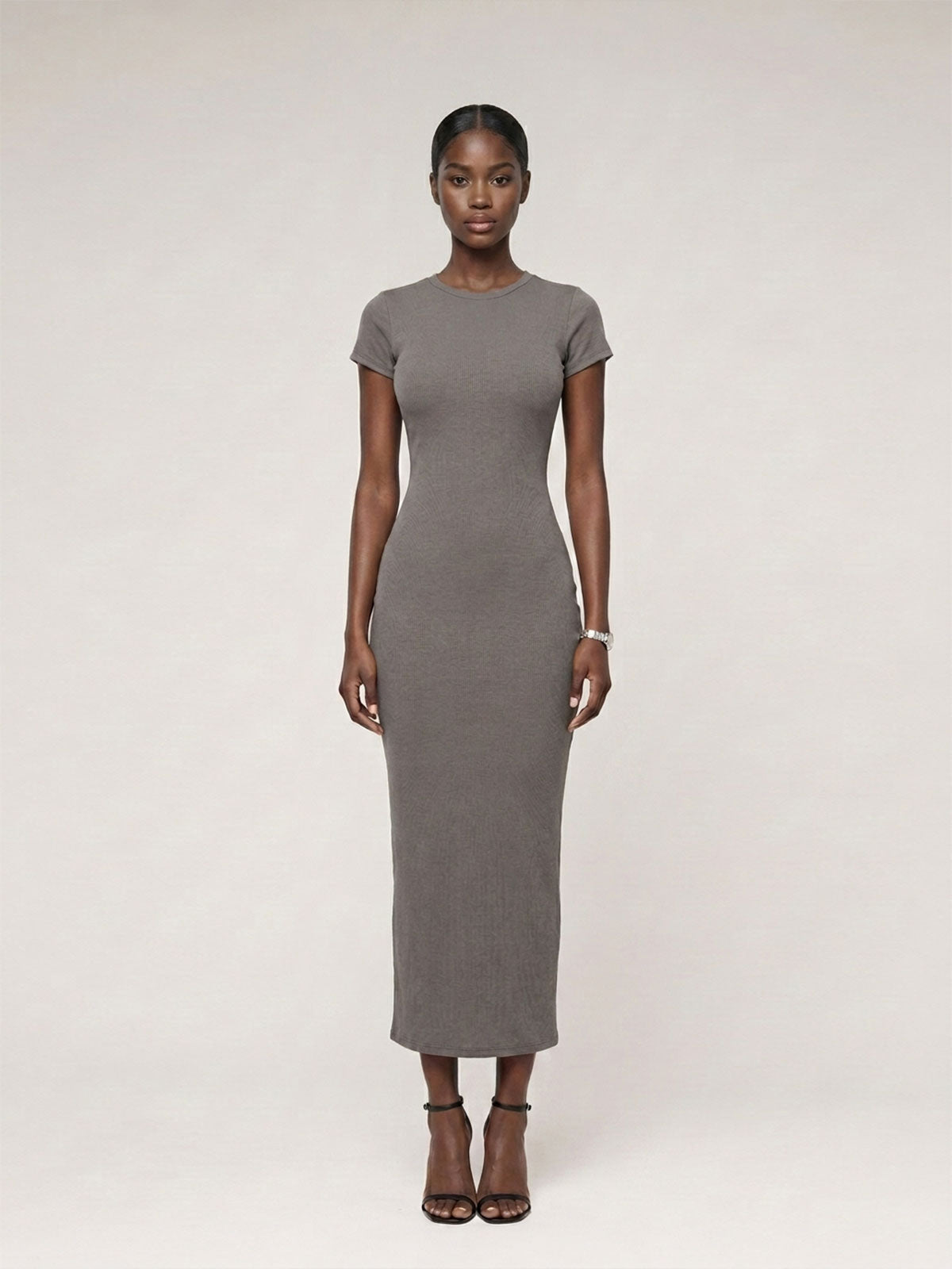 Fitted Crewneck Short-Sleeve Long Dress