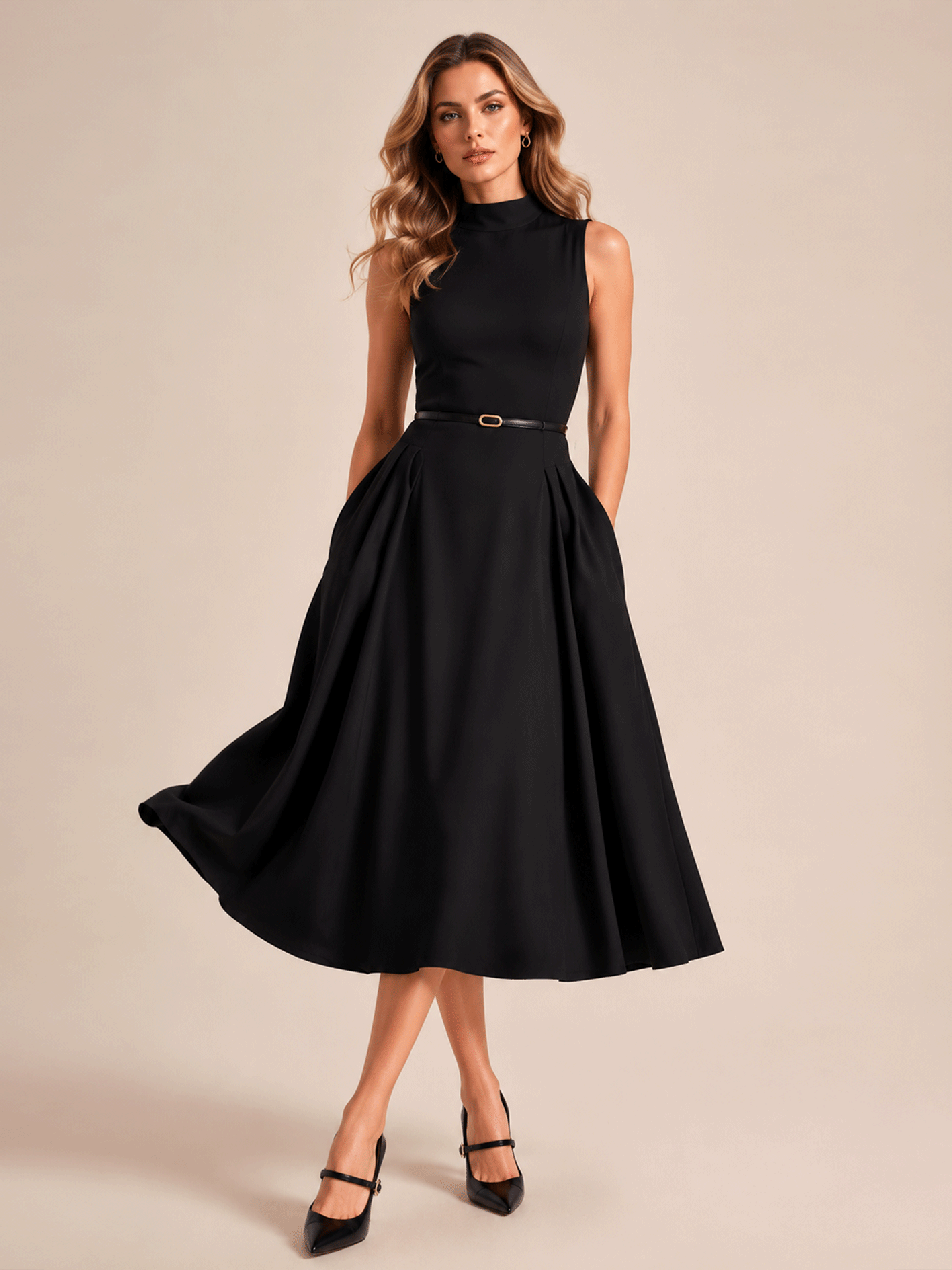 Sleeveless High Neck Pocket Midi Dress